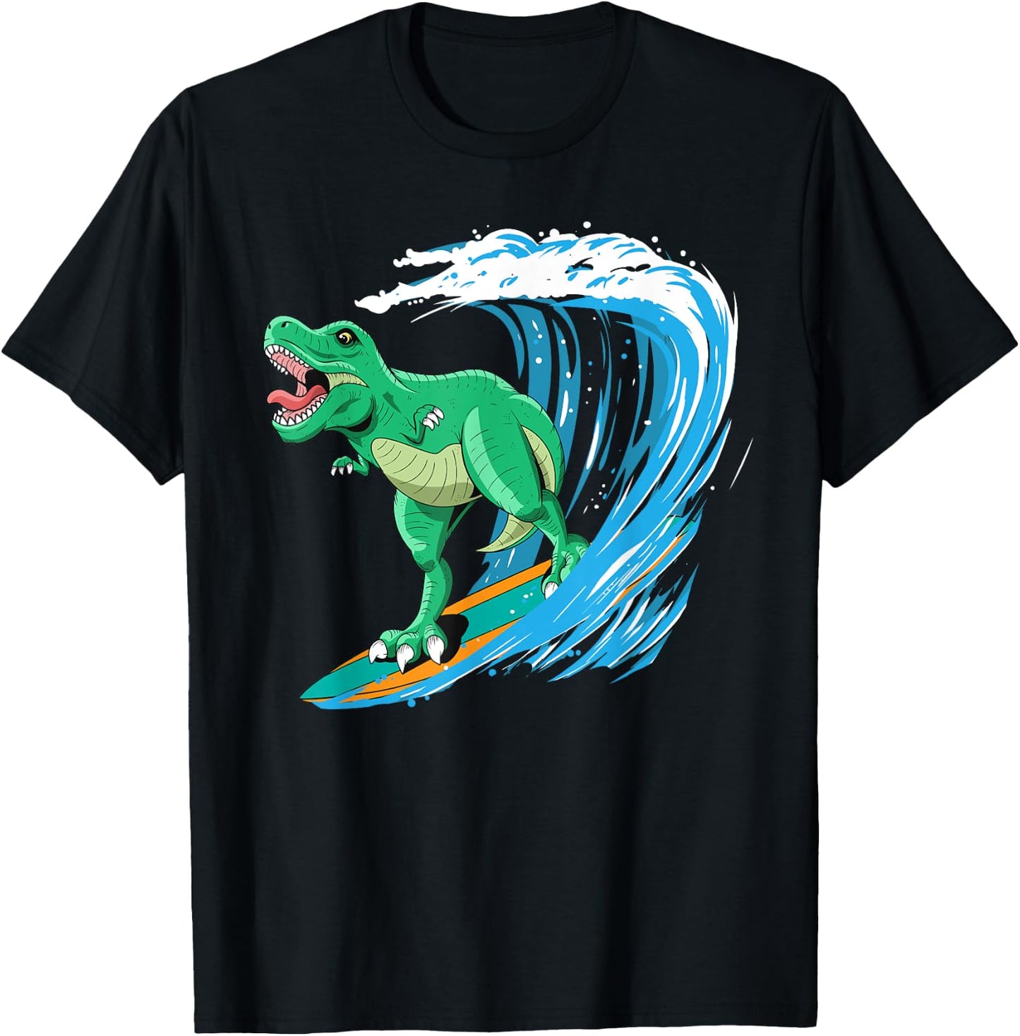 Funny T-Rex Surfing Dinosaur Summer Dino Beach Surfer Men Women Girls Kids T-Shirt - T-Shirt | Black