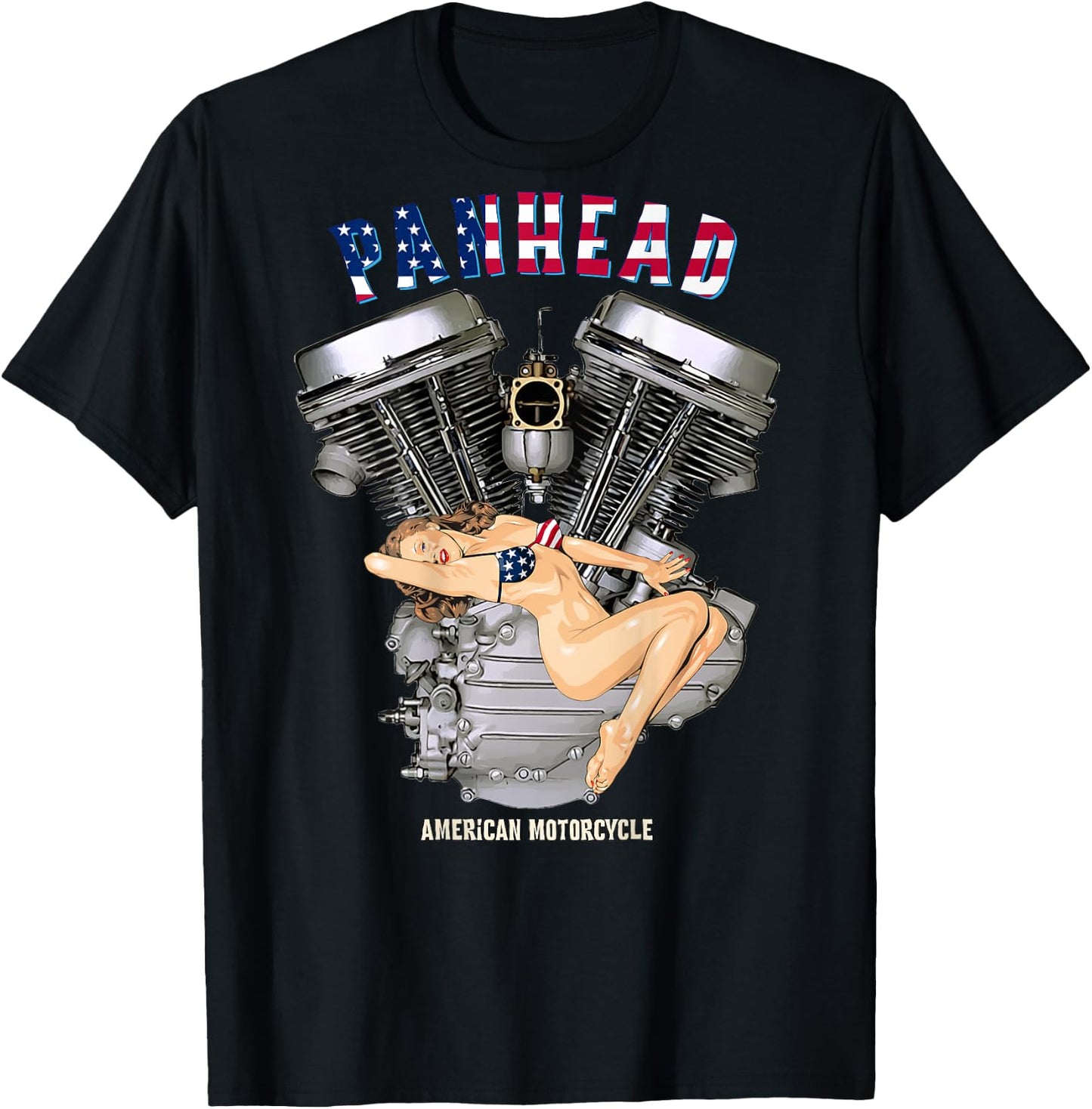 USA Panhead Motorcycle Sexy Retro Pinup Flag Biker Gear T-Shirt - T-Shirt | Black