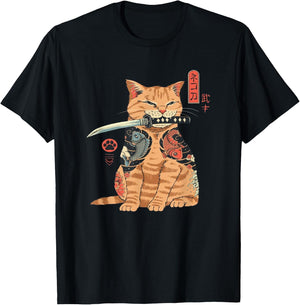 Alexamerch Cats Japanese Samurai Ninja Cat Kawaii Tattoo Graphic - Kids, Anime Fans, Casual Wear Lovers - - Black - Small - Short Sleeve - Classic Fit - Cotton, Polyester T-Shirt - T-Shirt | Black