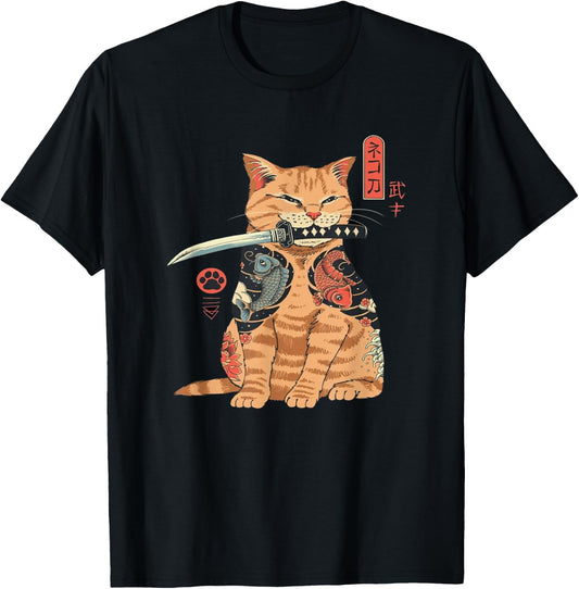 Alexamerch Cats Japanese Samurai Ninja Cat Kawaii Tattoo Graphic - Kids, Anime Fans, Casual Wear Lovers - - Black - Small - Short Sleeve - Classic Fit - Cotton, Polyester T-Shirt - T-Shirt | Black