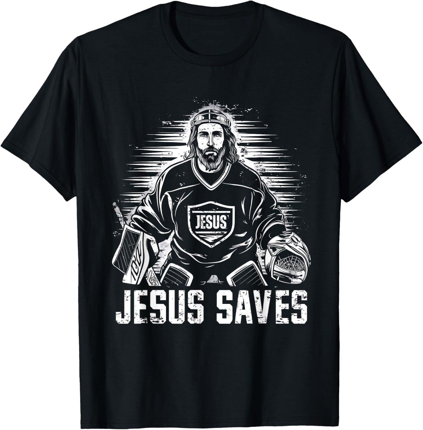 Jesus Saves Ice Hockey Goalie Funny Christian Religion Sport T-Shirt - T-Shirt | Black