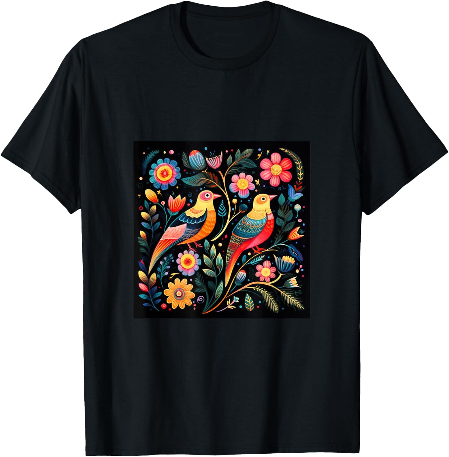 Mexican Embroidery Pattern Art Birds Flowers T-Shirt - T-Shirt | Black
