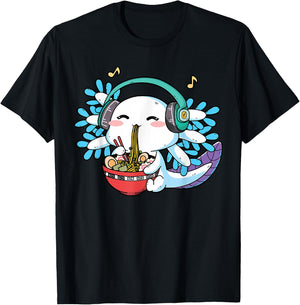 Axolotl Ramen Noodles Headphone Cute Kawaii Axolotl Lover T-Shirt - T-Shirt | Black