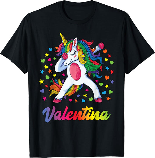 Valentina Dabbing Unicorn Rainbow Personalized Name Custom T-Shirt - T-Shirt | Black