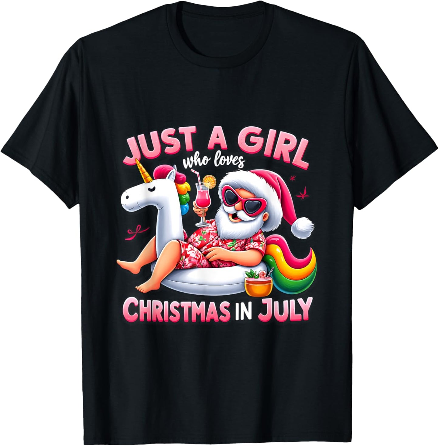 Just A Girl Who Loves Christmas in July Funny Santa Unicorn T-Shirt - T-Shirt | Black