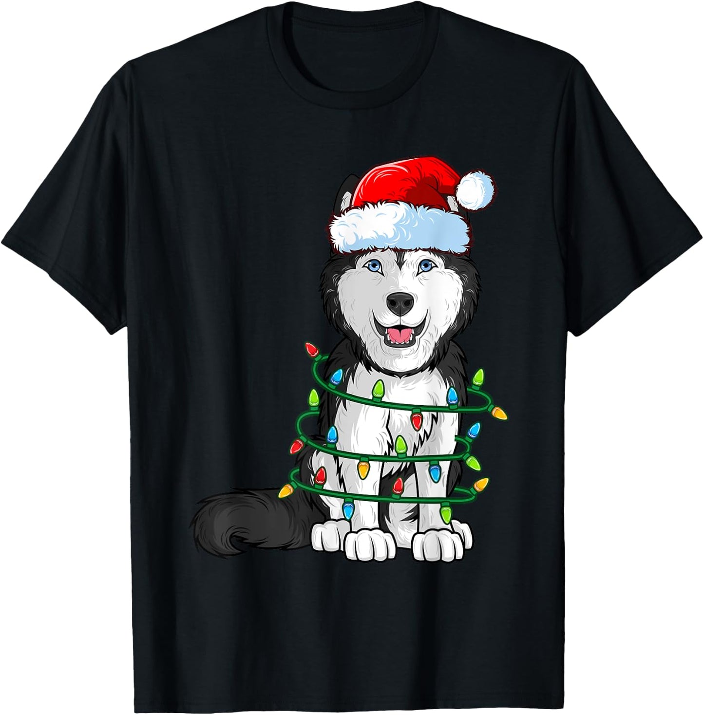 Siberian Husky Christmas Santa Hat Xmas Lights Dog Boys Girl T-Shirt - T-Shirt | Black