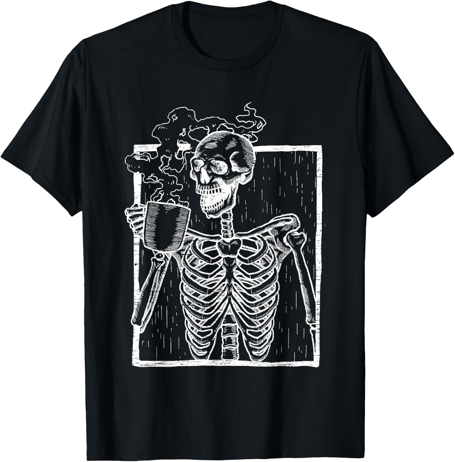 Distressed Skeleton Vintage Smiling Skull drinking Coffee T-Shirt - T-Shirt | Black