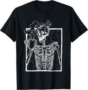 Distressed Skeleton Vintage Smiling Skull drinking Coffee T-Shirt - T-Shirt | Black