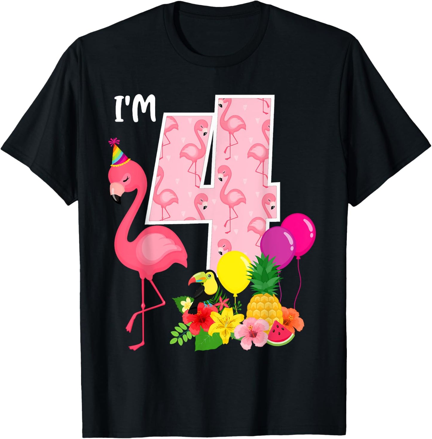 Flamingo Birthday I'm 4 Tropical Flamingo Theme 4th Birthday T-Shirt - T-Shirt | Black