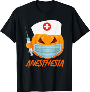 Halloween ANESTHESIA Pumpkin Wearing a mask Nurse T-Shirt - T-Shirt | Black