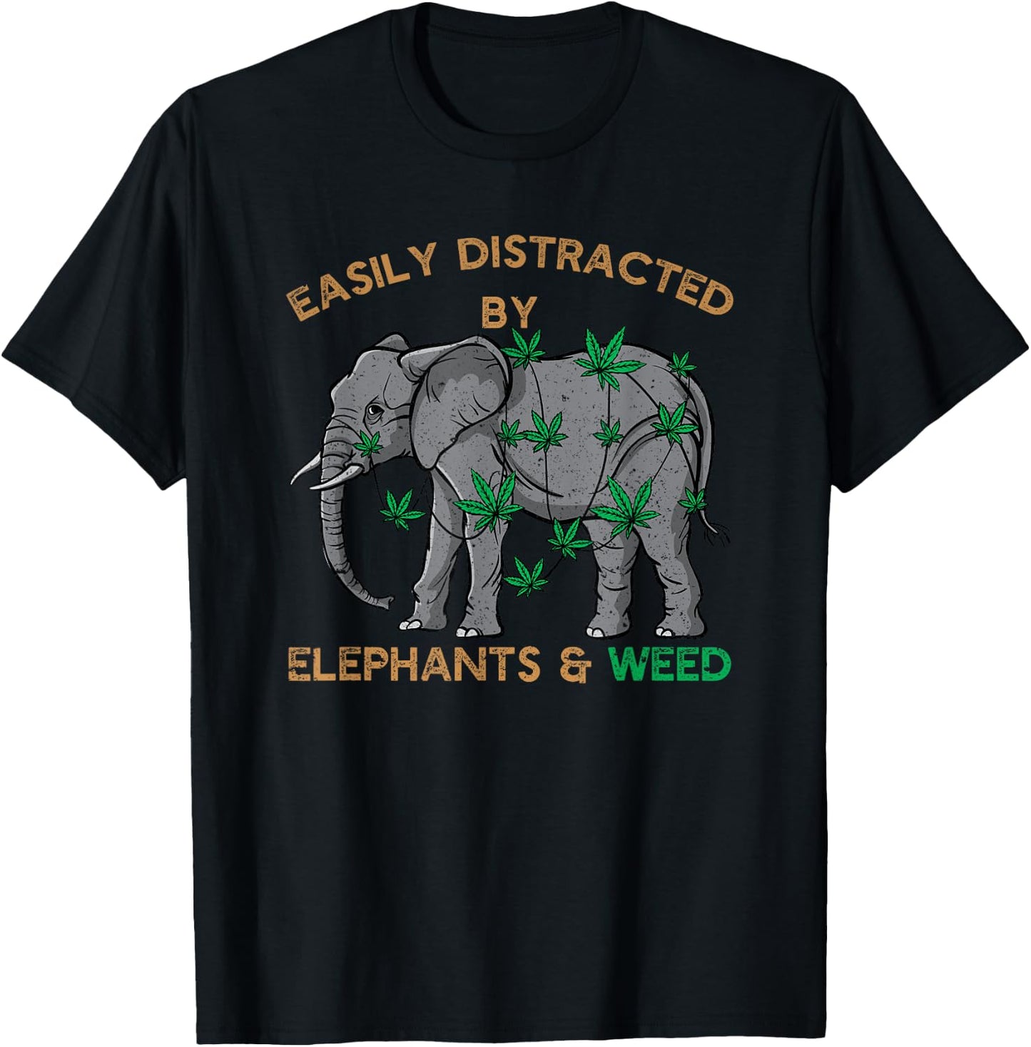 Tender Buds Easily Distracted By Elephants and Weed Black Cotton Blend T-Shirt - T-Shirt | Black