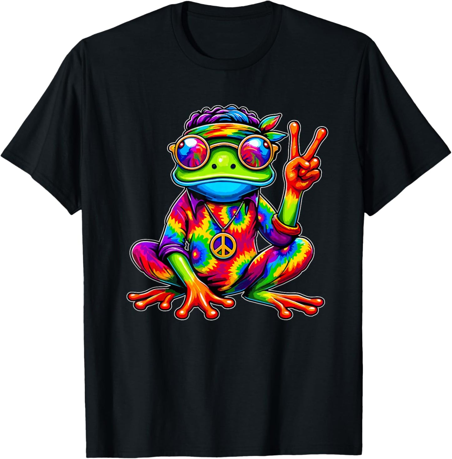 Hippie Tie-Dye Frog, 70s Party & 60s Costume, Peace Sign T-Shirt - T-Shirt | Black