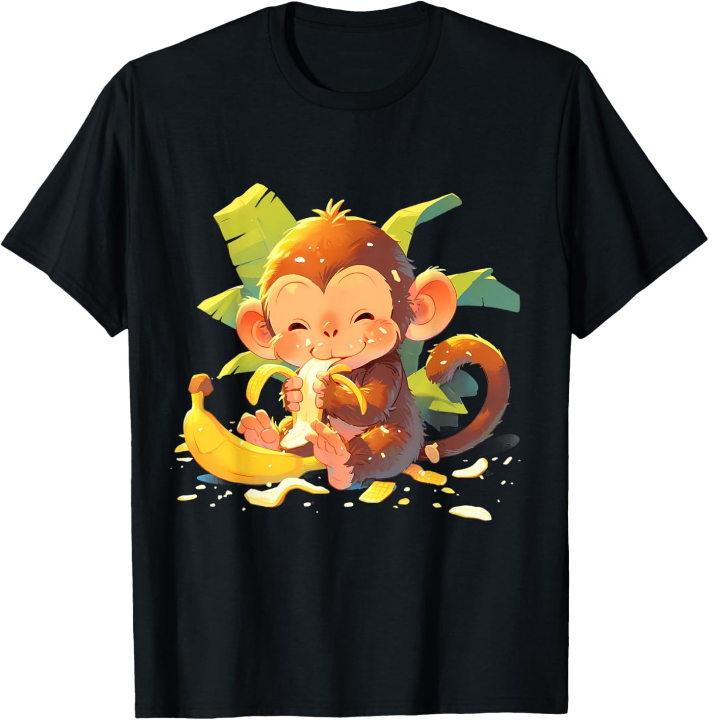 Banana Monkey Artwork Drawing Colourful Cute Monkey T-Shirt - T-Shirt | Black