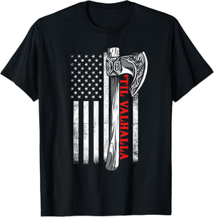 Til Valhalla Shirt, Patriotic Viking US Flag Norse Mythology Women Men T-Shirt - T-Shirt | Black