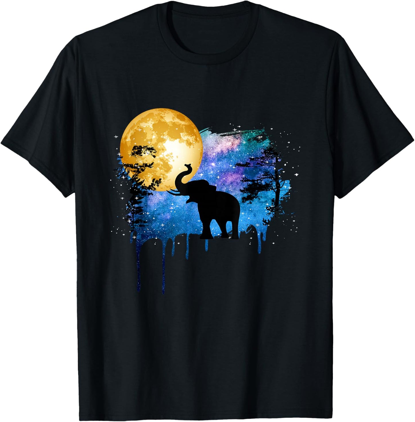 Elephant Full Moon Galaxy Star Night Nature Graphic Art T-Shirt - T-Shirt | Black