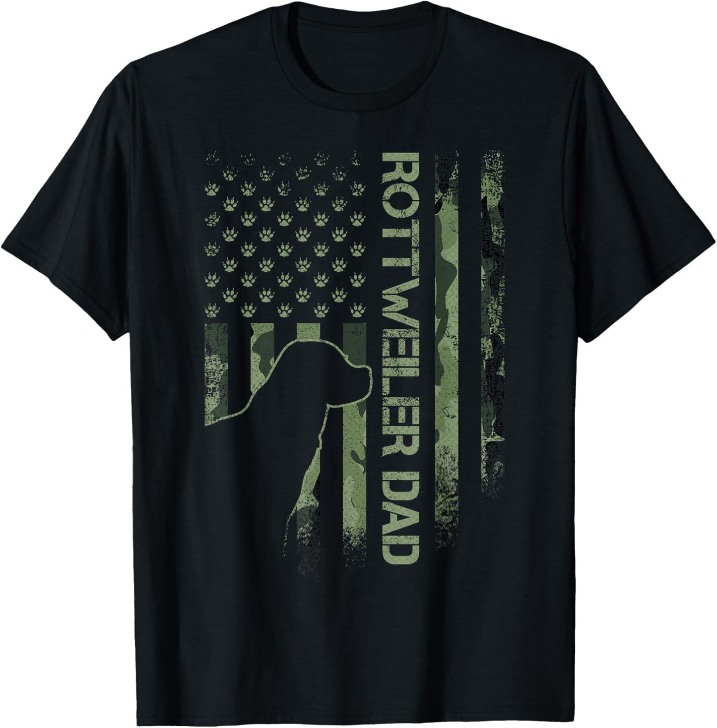 Vintage USA Camo Flag Proud Rottweiler Dad Rottie Silhouette T-Shirt - T-Shirt | Black