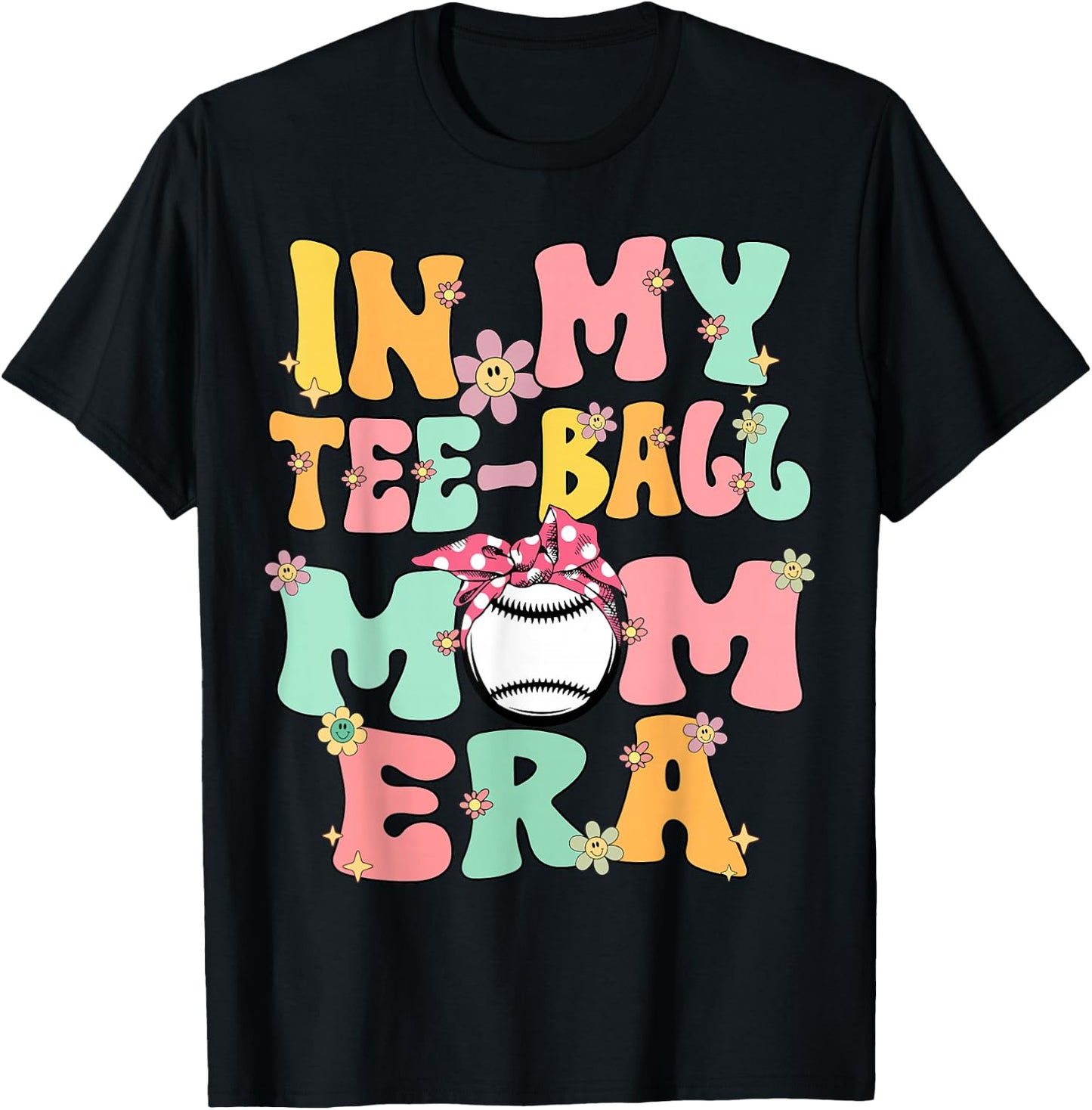 In My Teeball Mom Era Retro Groovy Tball Mom Tball Mama Cute T-Shirt - T-Shirt | Black
