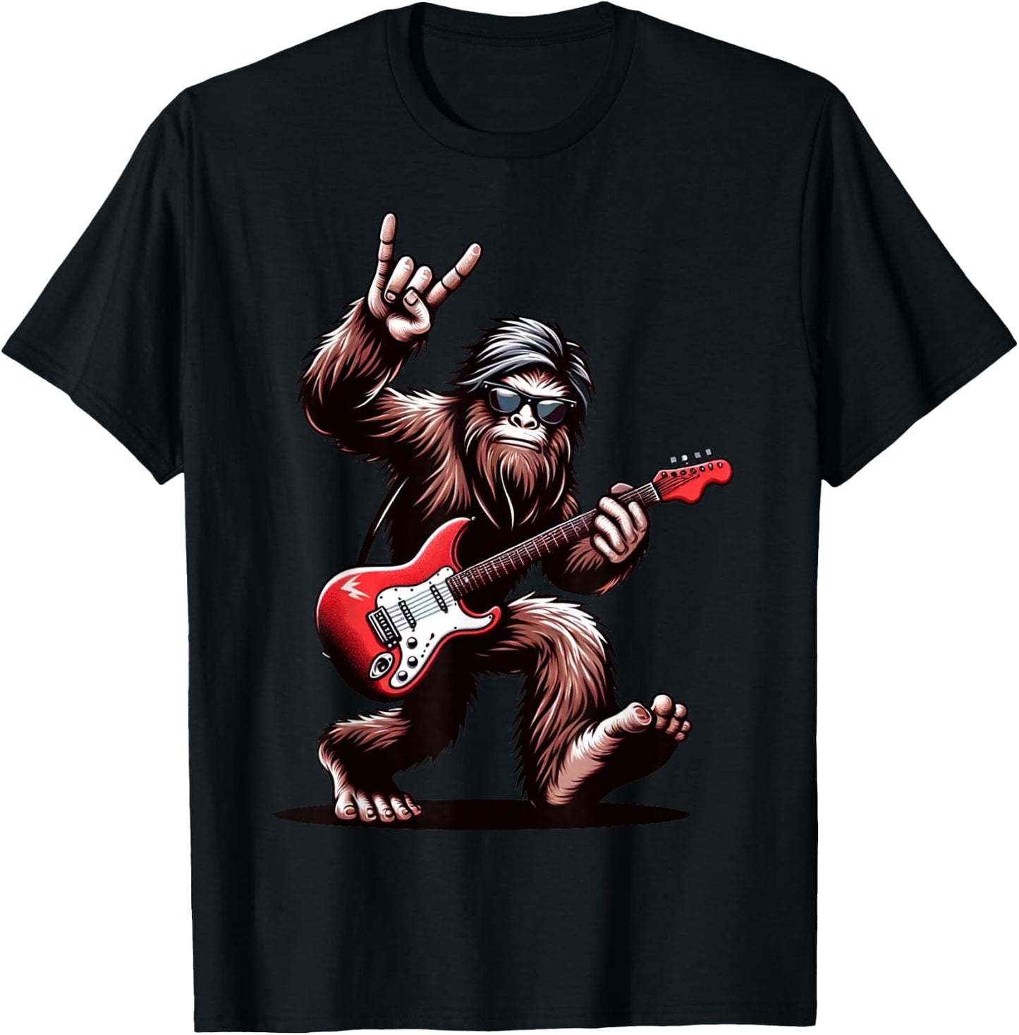 Bigfoot Rock On Sasquatch Rock and Roll Playing Guitar Music T-Shirt - T-Shirt | Black