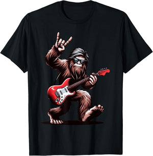 Bigfoot Rock On Sasquatch Rock and Roll Playing Guitar Music T-Shirt - T-Shirt | Black