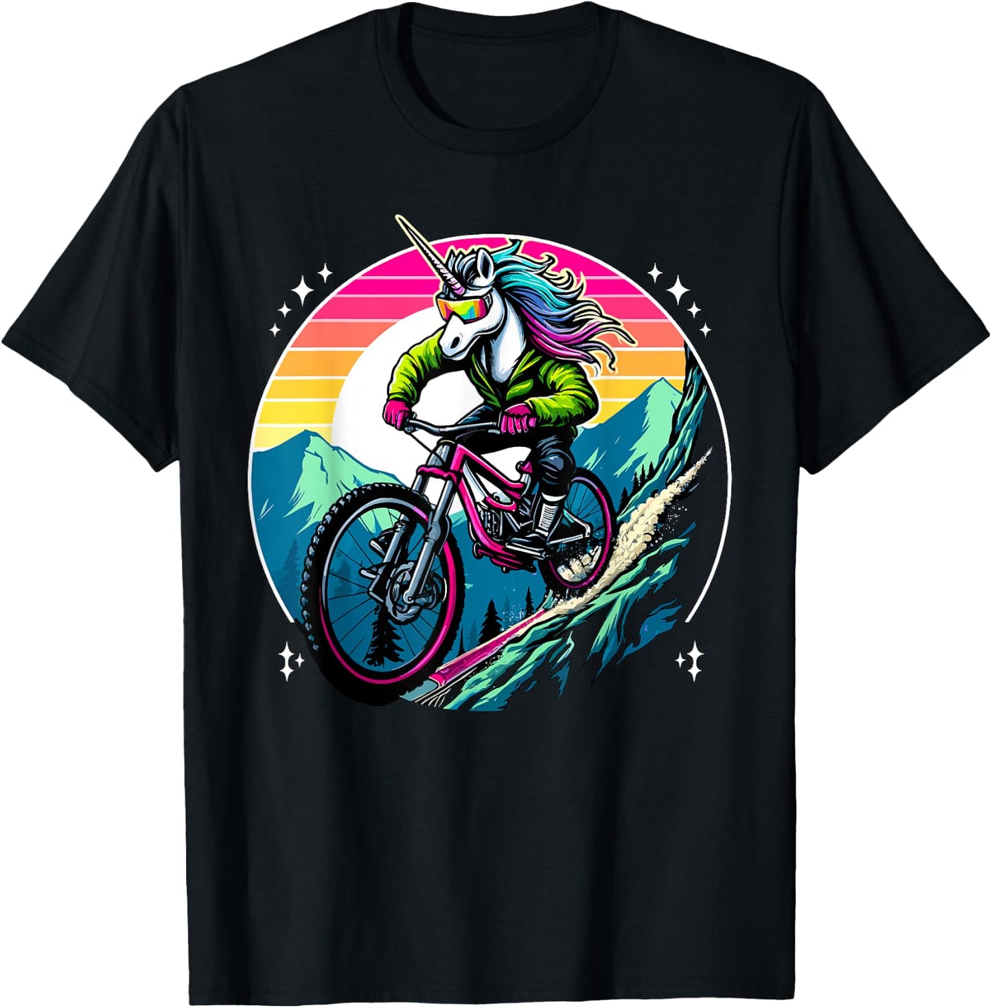 Unicorn Mountain Bike Adventure Fantasy Colorful Sunset T-Shirt - T-Shirt | Black