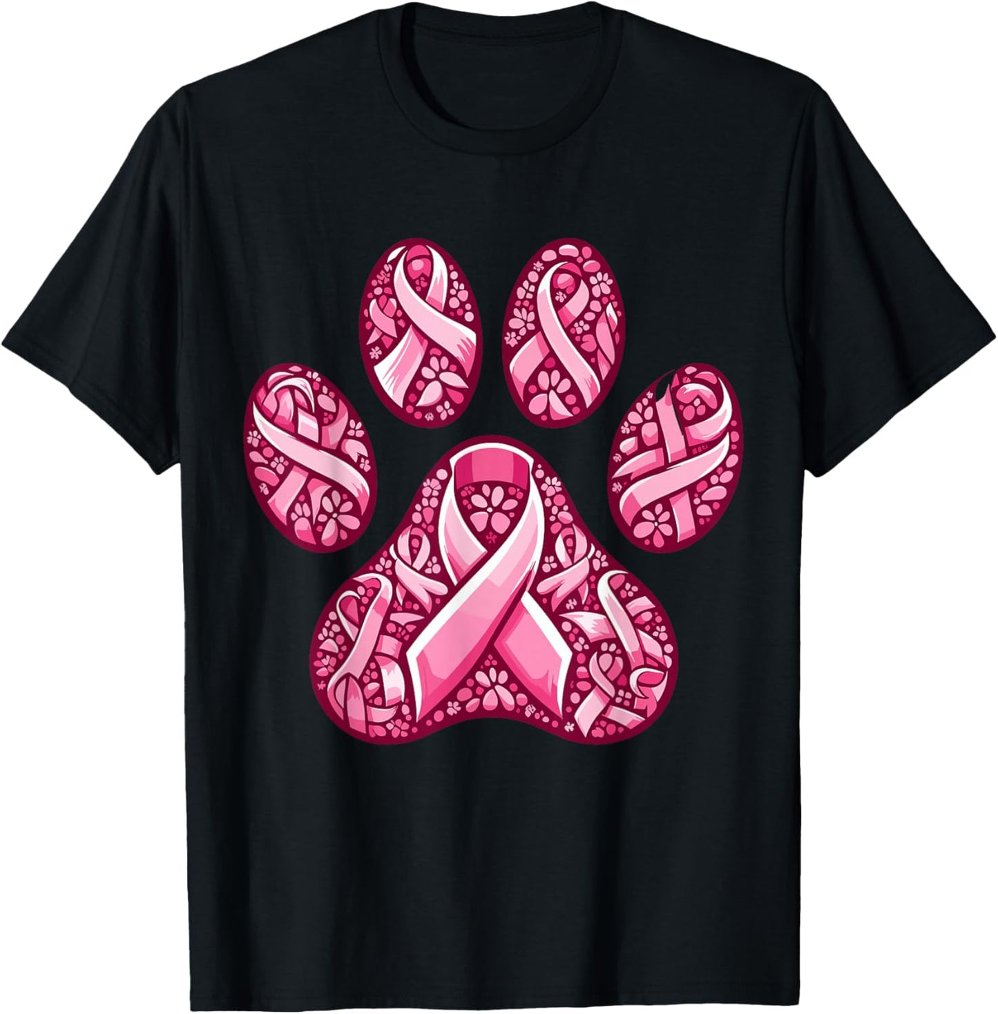 Pink Ribbon Dog Paw Print Breast Cancer Awareness Puppy Love T-Shirt - T-Shirt | Black
