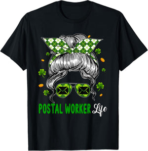 Postal Worker Job Woman Messy Bun Hair St. Patrick's Day T-Shirt - T-Shirt | Black
