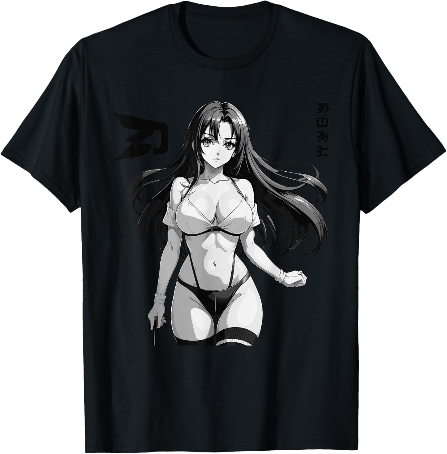 Sexy Waifu Otaku Anime Girl Japanese in Black and White Art T-Shirt - T-Shirt | Black