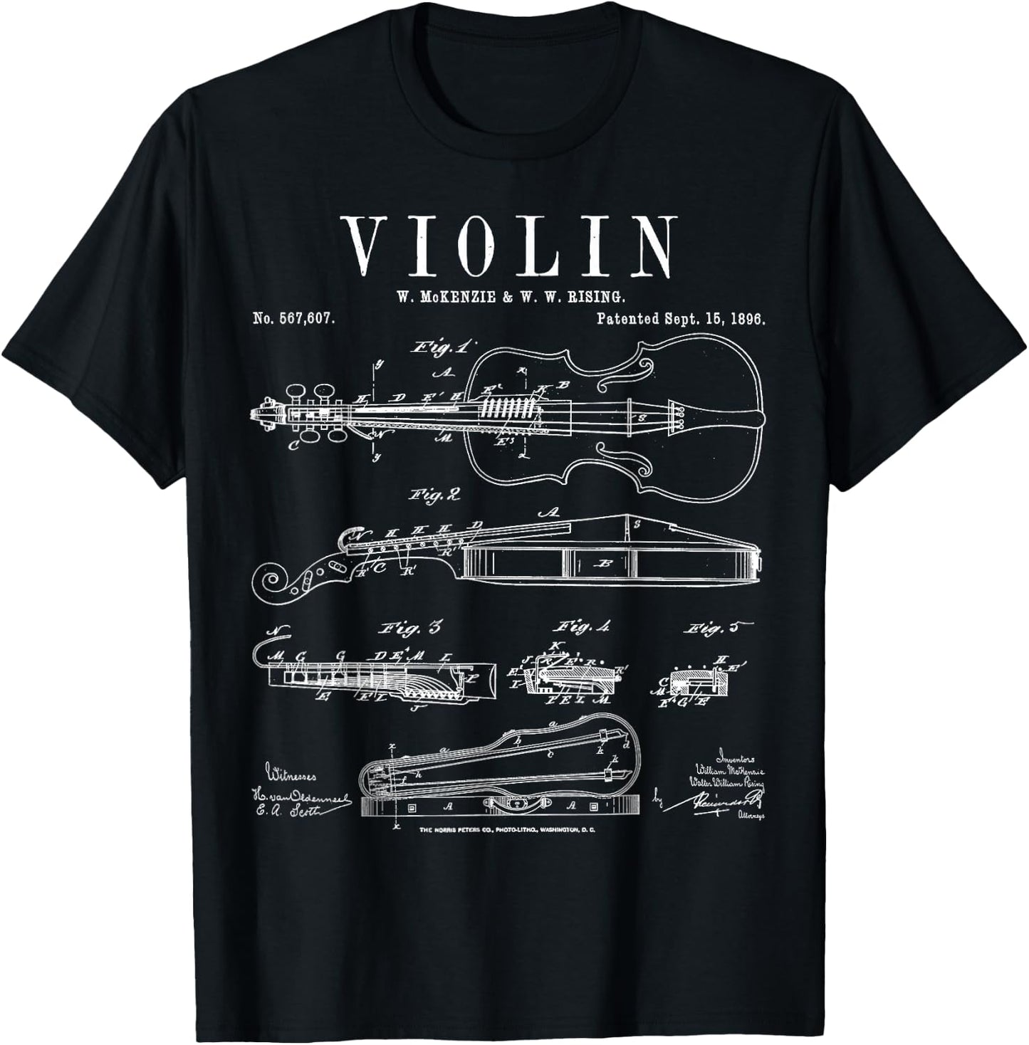 Violin Old Vintage Patent Drawing Print T-Shirt - T-Shirt | Black