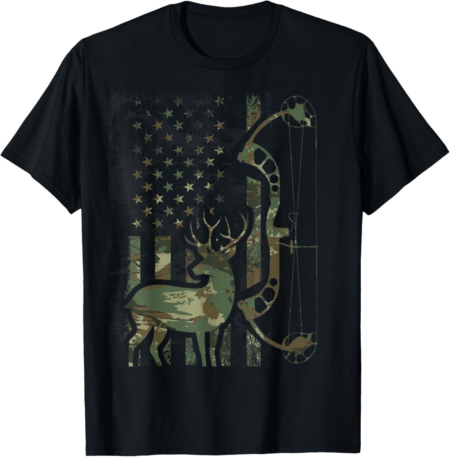 Camo American Flag Buck Hunting Men Recurve Bow Hunter T-Shirt - T-Shirt | Black
