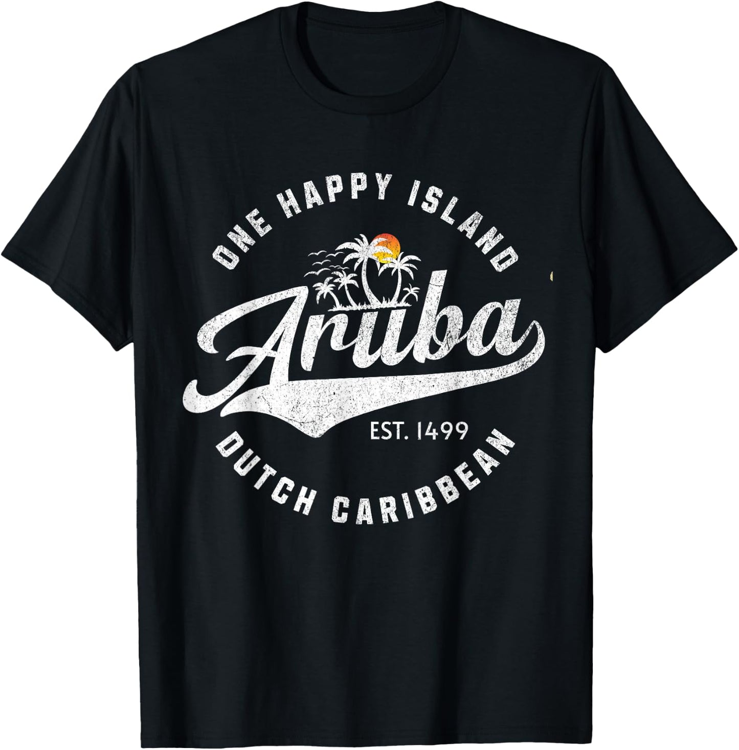 One Happy Island Aruba Script Lettering Vintage Logo Art T-Shirt - T-Shirt | Black