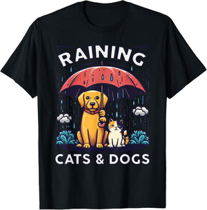 Raining Cats and Dogs Canine Feline Puppy Kitty Animal Idiom T-Shirt - T-Shirt | Black