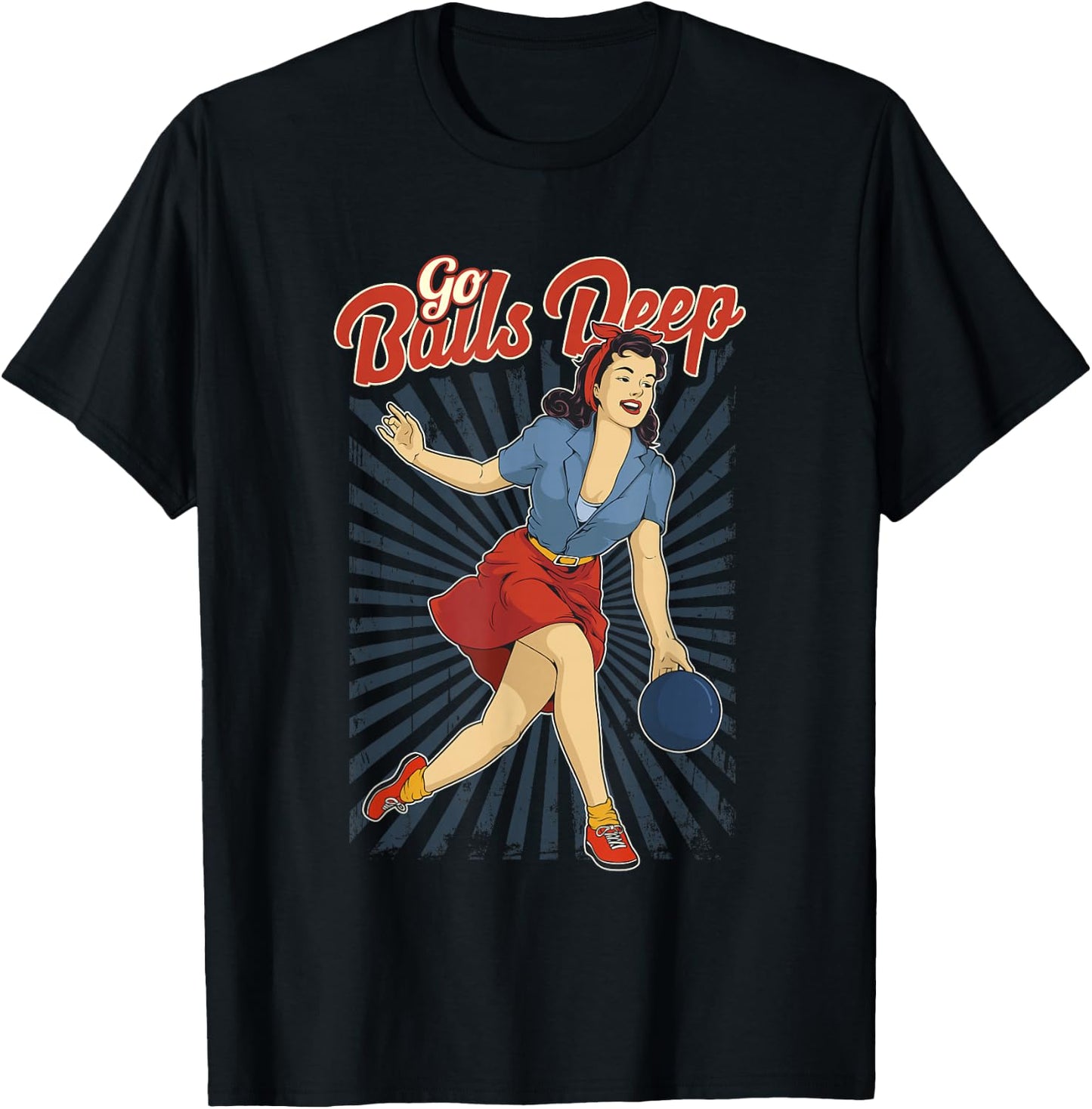 Funny Retro Ten Pin Bowling Go Balls Deep Pun Joke T-Shirt - T-Shirt | Black