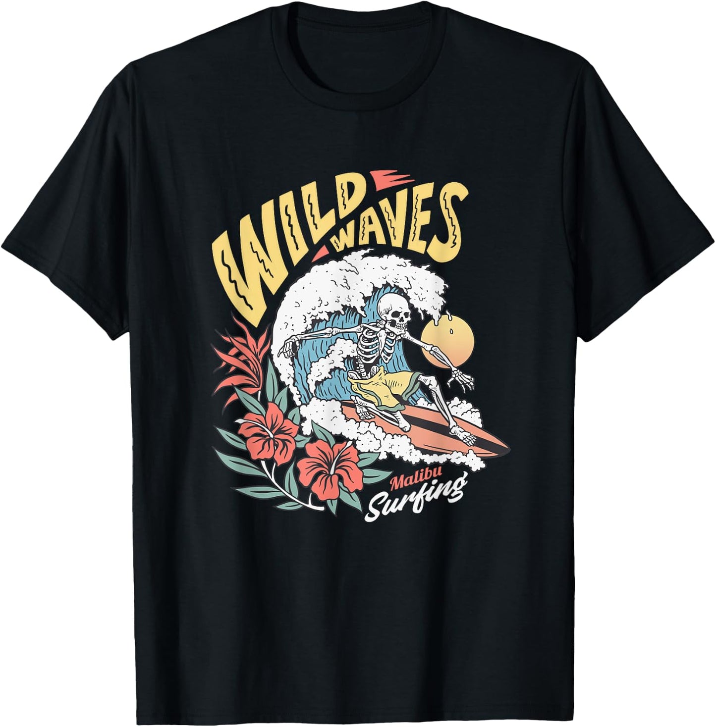 Funny Wild Waves Surfing Skeleton Malibu California Beach T-Shirt - T-Shirt | Black