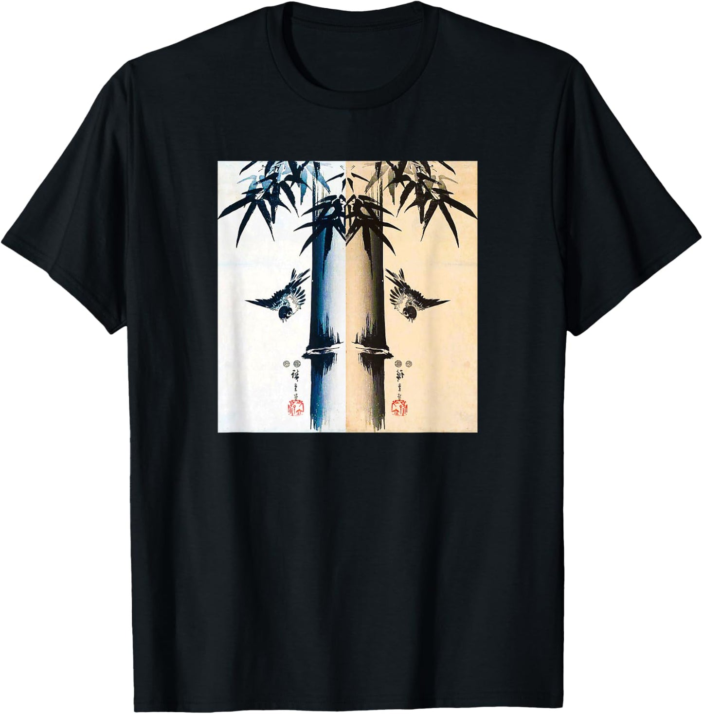 Japanese Bird and Bamboo Ancient Japanese Art Design T-Shirt - T-Shirt | Black