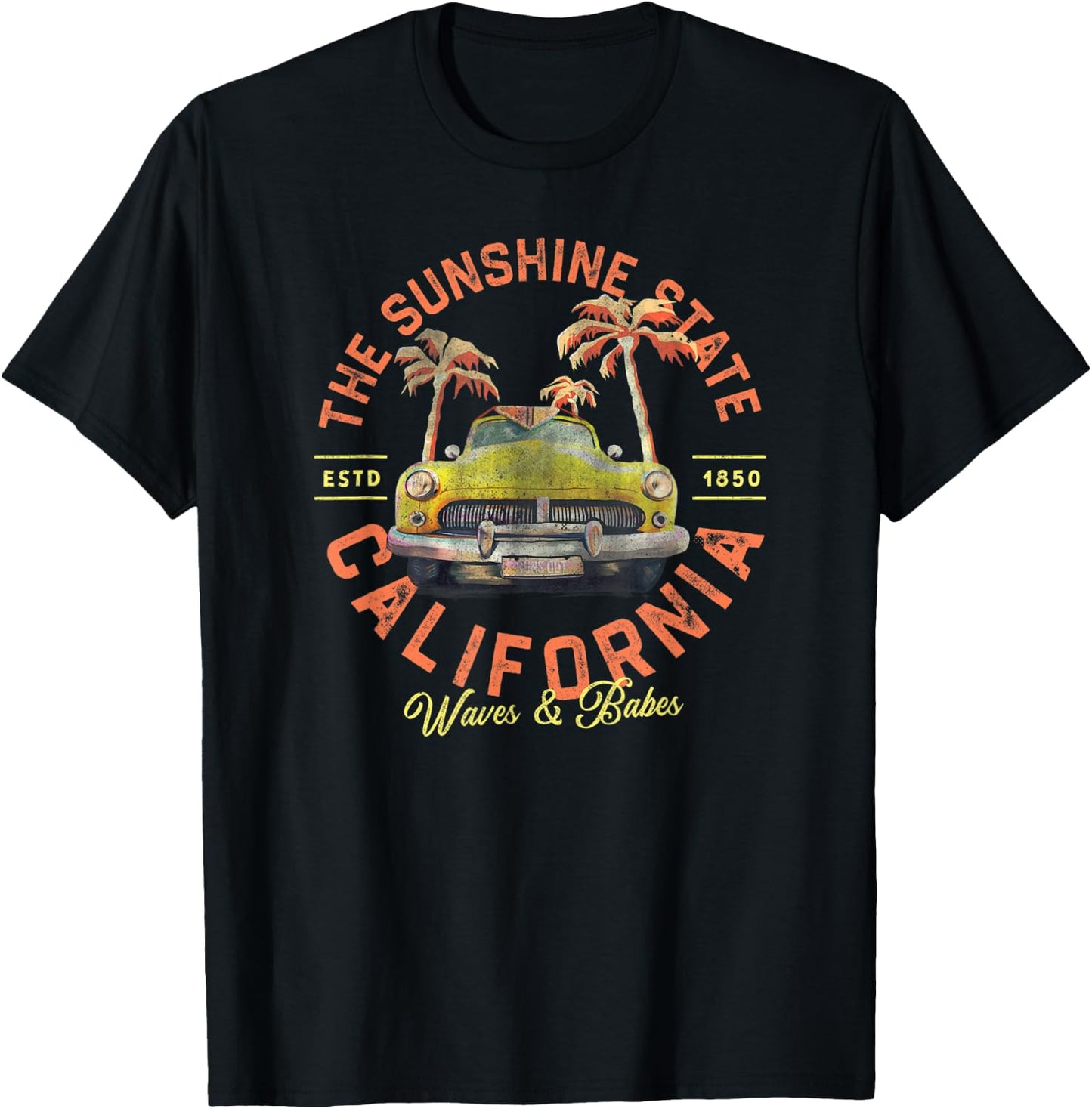 California, The Sunshine State: Waves & Babes Vintage Surf Men Women Kids T-Shirt - T-Shirt | Black