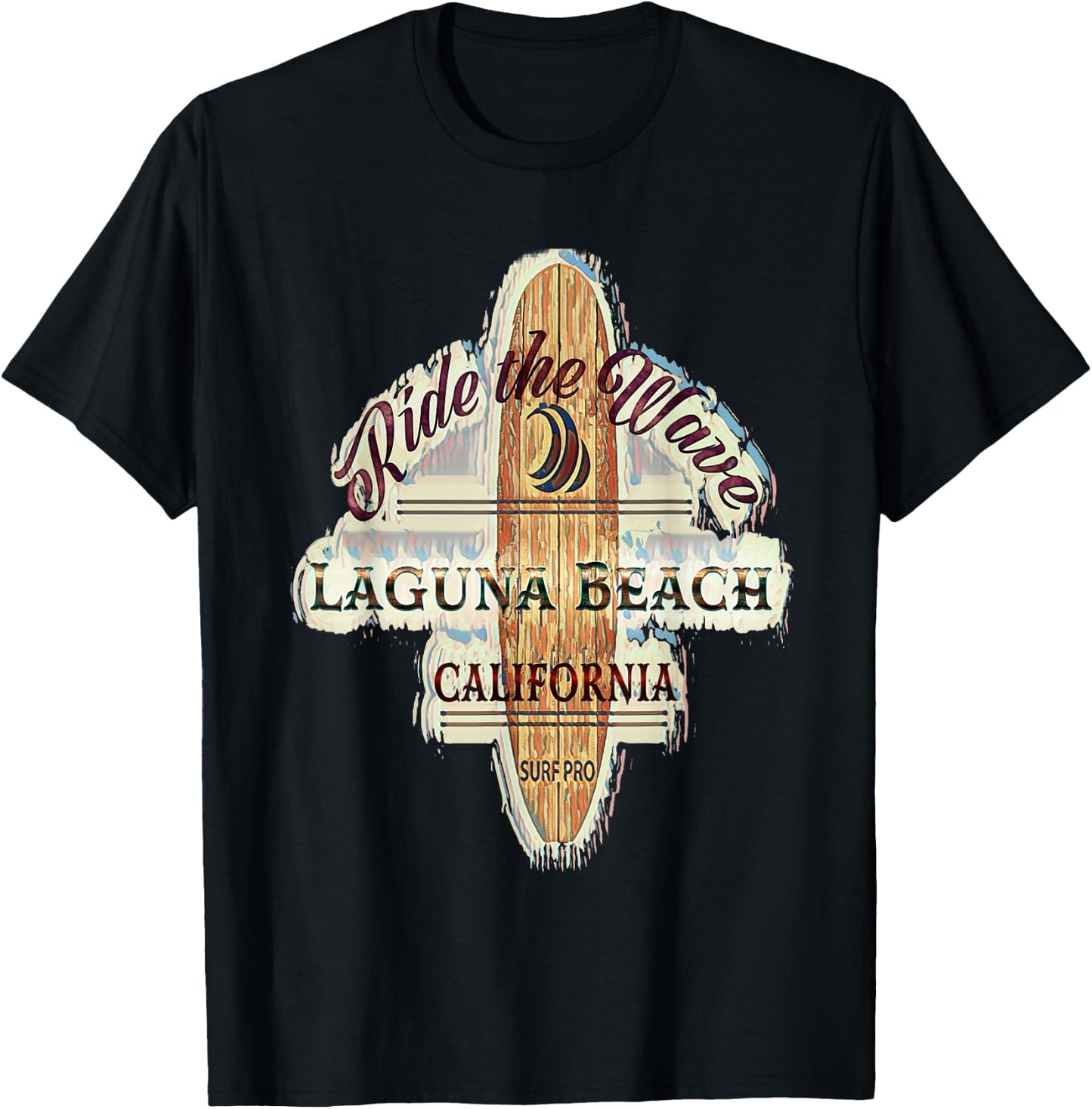 Laguna Beach Distressed Vintage Retro Surfboard Sign T-Shirt - T-Shirt | Black
