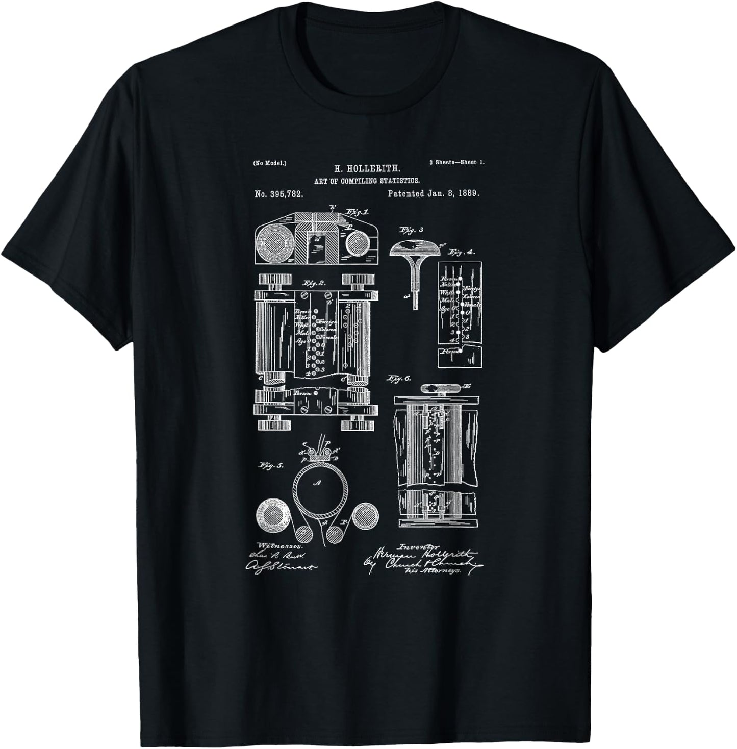 Vintage Patent Print 1889 First Computer Statistics Machine T-Shirt - T-Shirt | Black