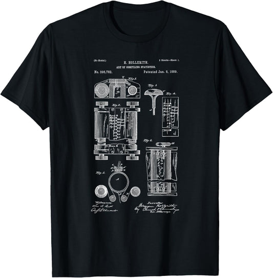 Vintage Patent Print 1889 First Computer Statistics Machine T-Shirt - T-Shirt | Black