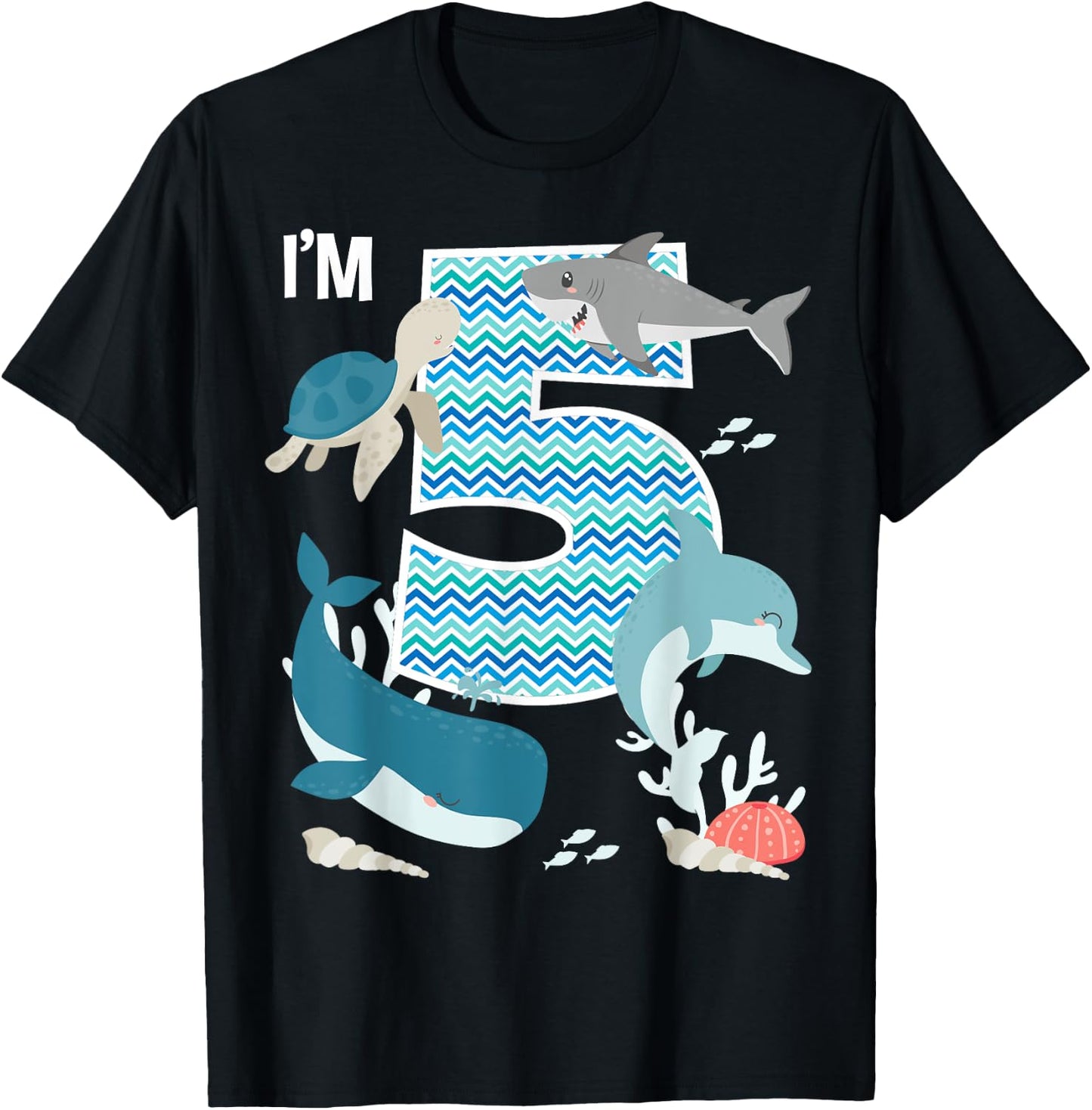 Kids 5 Year Old Ocean Life Whale Dolphin Shark 5th Birthday T-Shirt - T-Shirt | Black