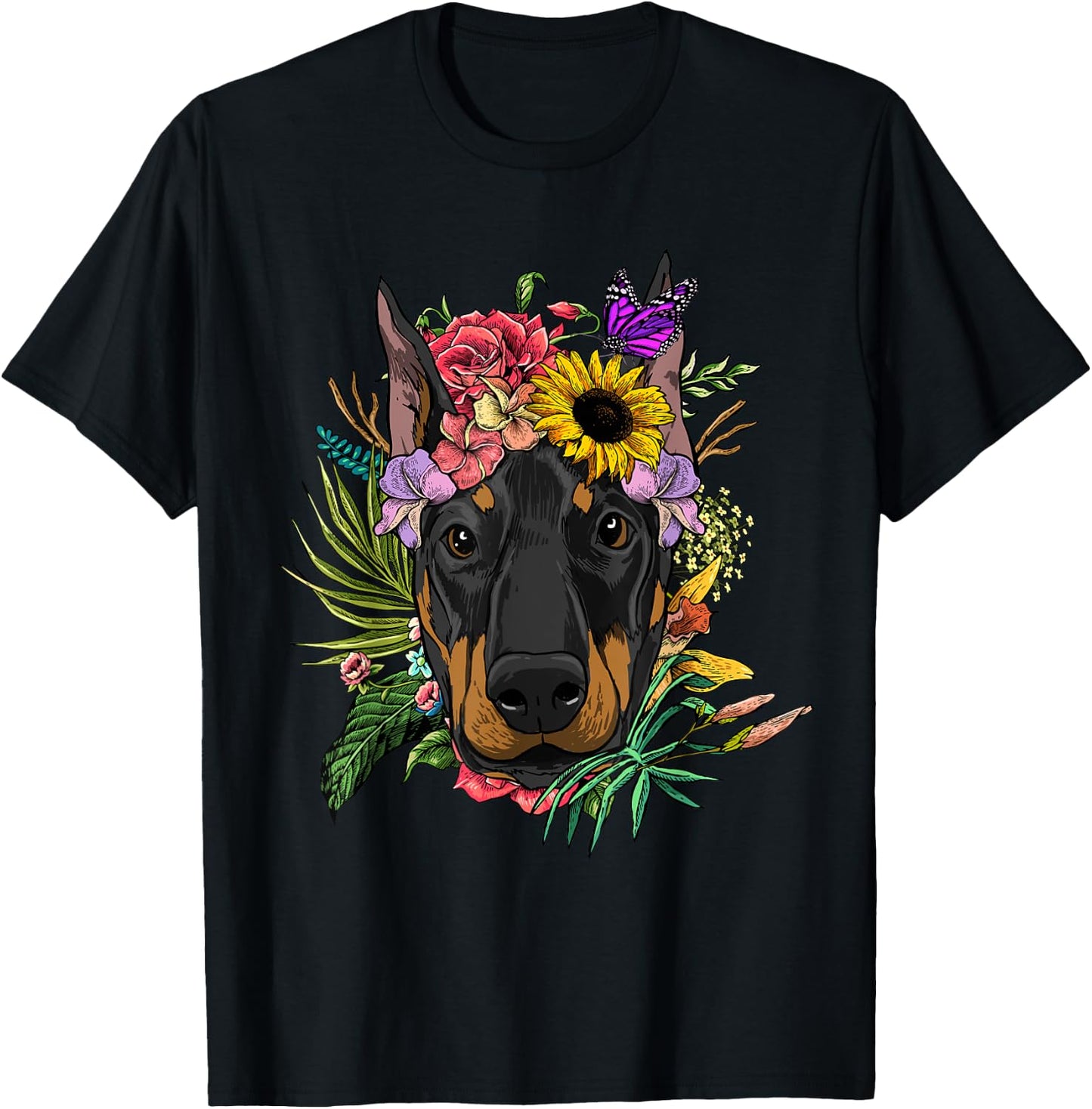 Doberman Shirt Floral Doberman Pinscher Dobie Pet Dog Lover T-Shirt - T-Shirt | Black