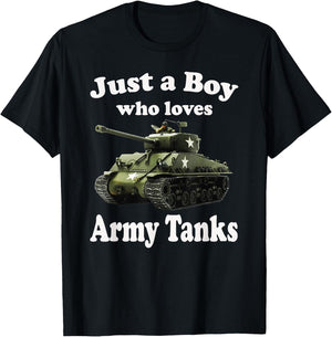 Just A Boy Who Loves Tanks & Sherman M4 American WW2 Tank T-Shirt - T-Shirt | Black