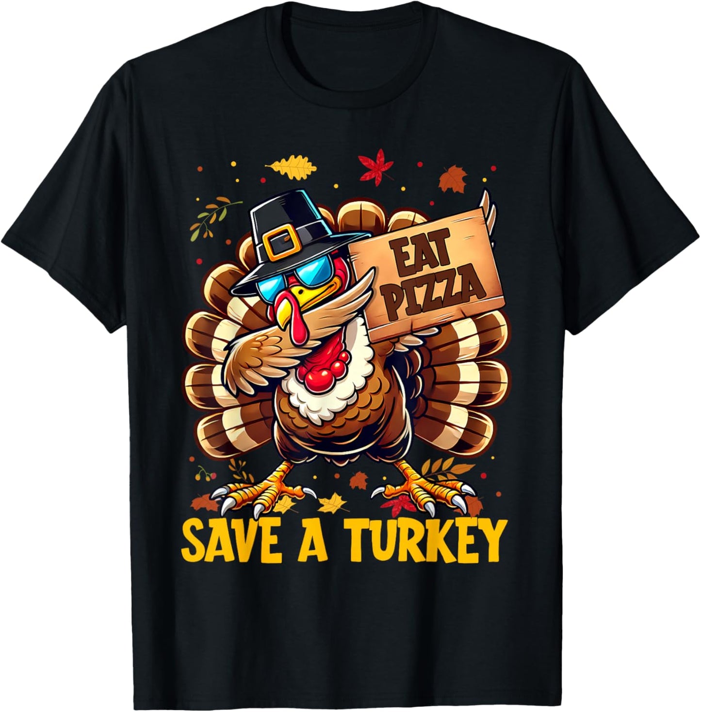 Funny Save A Turkey Eat Pizza Autumn Thanksgiving Groovy T-Shirt - T-Shirt | Black