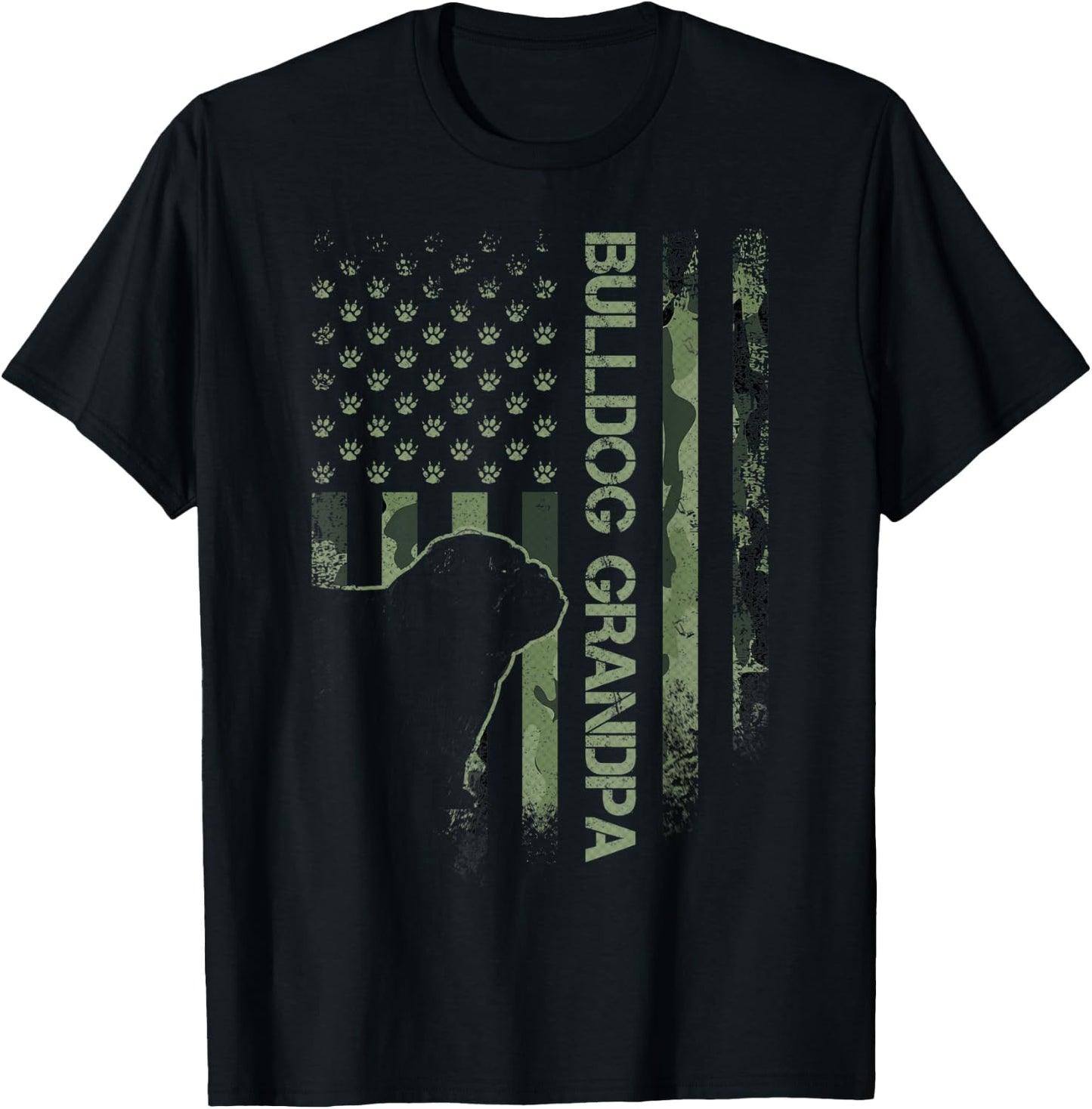 American Camo Flag Proud English Bulldog Grandpa Silhouette Men Women T-Shirt - T-Shirt | Black
