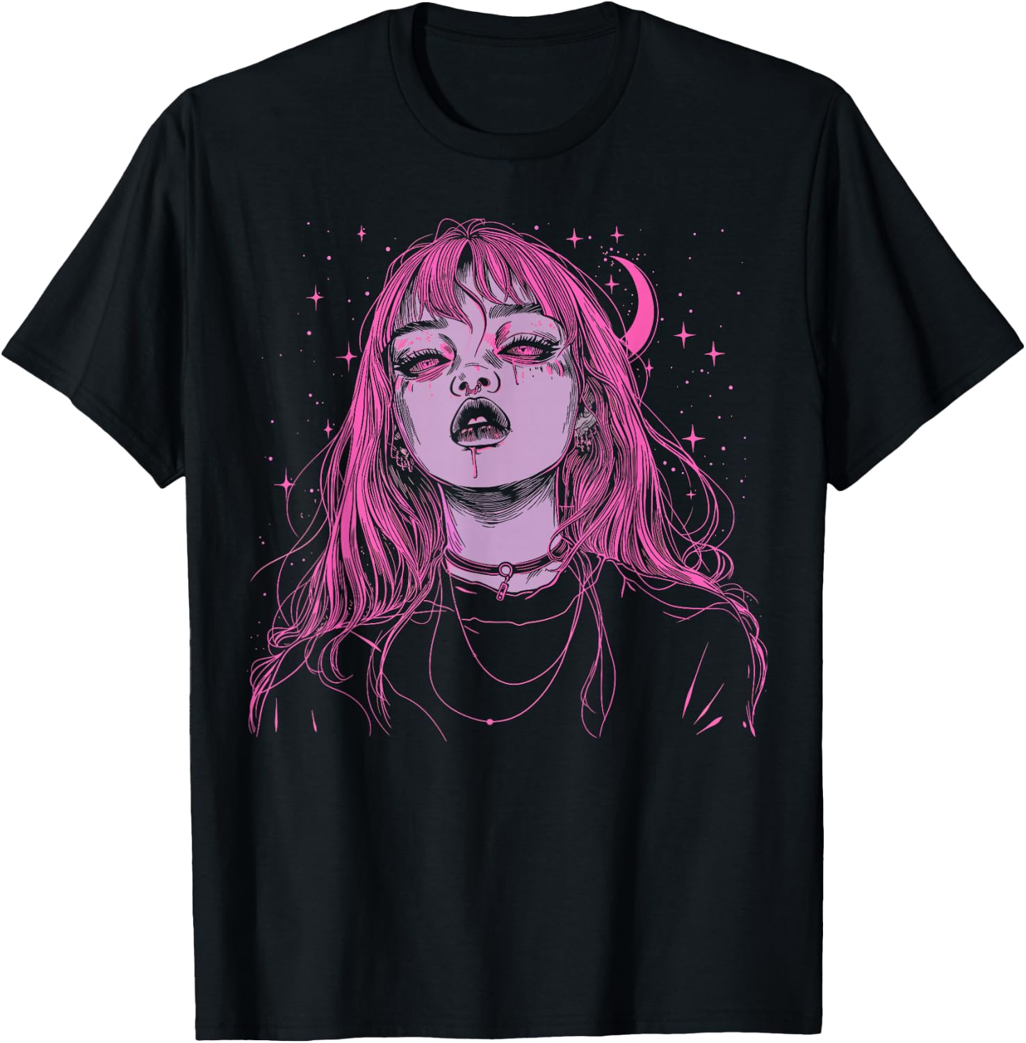 Goth Grunge Demon Anime Girl Waifu Horror Alt Pink Aesthetic T-Shirt - T-Shirt | Black