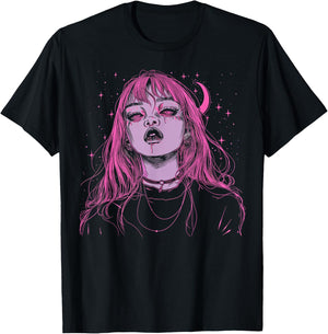 Goth Grunge Demon Anime Girl Waifu Horror Alt Pink Aesthetic T-Shirt - T-Shirt | Black