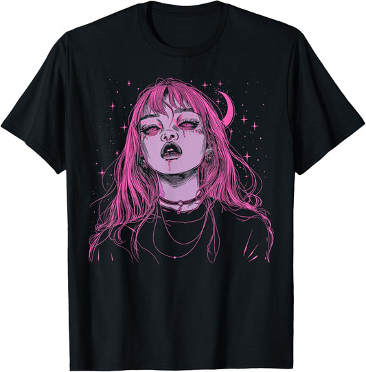 Goth Grunge Demon Anime Girl Waifu Horror Alt Pink Aesthetic T-Shirt - T-Shirt | Black