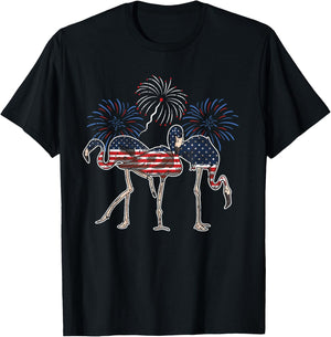Flamingo American Flag 4th Of July Cute Animal Patriotic T-Shirt - T-Shirt | Black