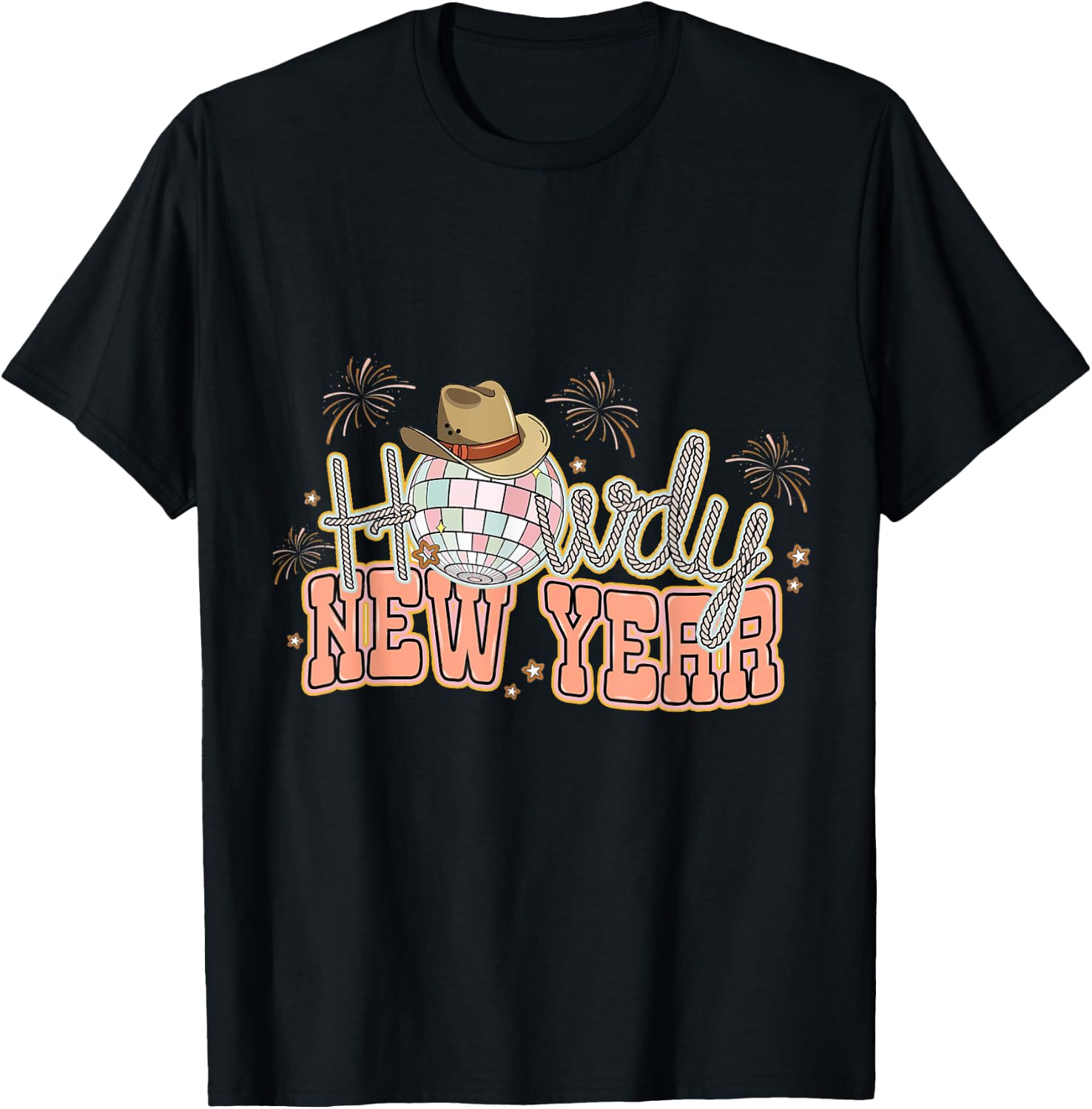 Howdy New Year 2024 Western Cowgirl Hat And Disco Balls T-Shirt - T-Shirt | Black