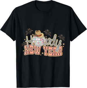 Howdy New Year 2024 Western Cowgirl Hat And Disco Balls T-Shirt - T-Shirt | Black