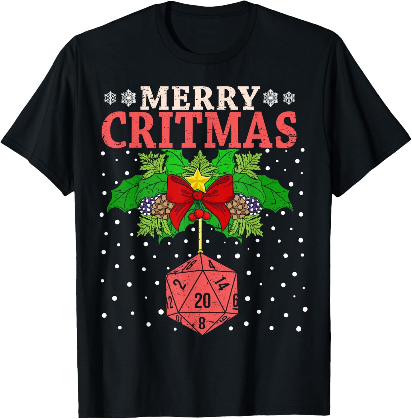 Merry Critmas 20 Sided Dice RPG Christmas Holiday Board Game T-Shirt - T-Shirt | Black